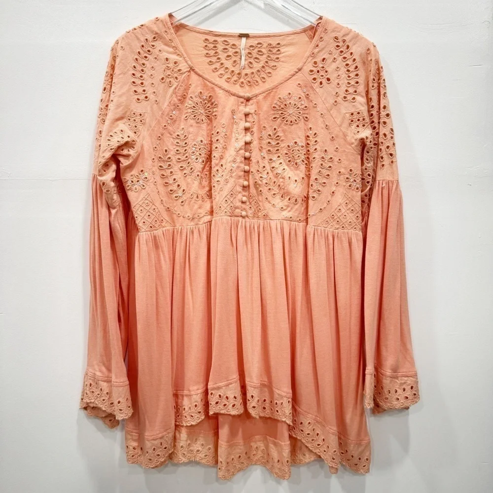 Free People Sea Of Love Top Eyelet Embroidered Fell Sleeve High Low Medium